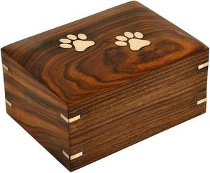 lot 8365 image: Bhartiya Handicrafts Pet Urn for Dog or Cat Ashes  Handcrafted Rosewood Memorial Box with Brass Paw Prints Decorative Keepsake Urn for Small to Medium Pet Remains (X-Small-15 LB)