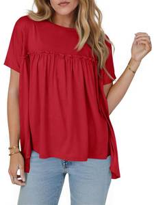 lot 8366 image: Cicy Bell Womens Summer Babydoll Tunic Tops Pleated Short Sleeve Crew Neck Peplum T Shirts Casual Loose Fit Outfits Red Size XL