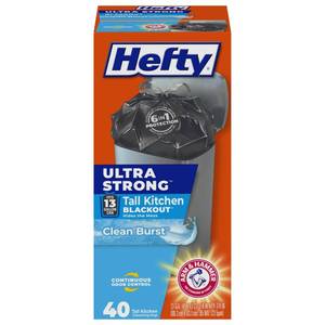 lot 8373 image: Hefty Ultra Strong 13 Gallon Trash Bags, Black Tall Kitchen Trash Bags 13 Gallon Size, Break Resistant Drawstring Enclosure, Continuous Odor Control, Blackout, Clean Burst Scent, 40 Bags