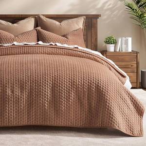 lot 9168 image: EverGrace Luxury Velvet Quilt Set King Size 3 Piece, Soft Cross-Stitch Velvet Comforter Set with Pillow Shams, Lightweight Coverlet Bedspread Bedding Set for All Seasons, Terracotta Clay