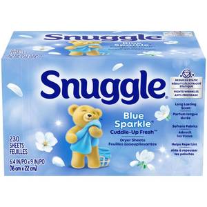 lot 9179 image: Snuggle Fabric Softener Dryer Sheets, Long-Lasting Fresh & Clean Scent, Softens Fabric, Reduces Static, Fights Wrinkles, Helps Repel Lint & Pet Hair, HE Safe, Blue Sparkle Cuddle-Up Fresh, 230 Ct