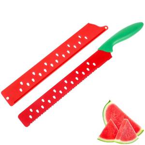 lot 10100 image: Angoily Watermelon Knife with Sleeve, 17.12 Inch Serrated Melon Cutter, Long Kitchen Slicer Tool for Large Fruit Bread Cake Baking