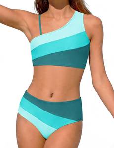 lot 10124 image: Urkierry Girls Bikini Set - One Shoulder Color Block High Waisted Two Piece Swimsuit for Preteens & Teens Girl Swimwear Size 11-12,Blue Green