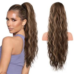 lot 10125 image: FLUFYMOOZ Ponytail Extension, 26 Inch Drawstring Ponytail Hair Extensions for Women�� Long Curly Wavy Ponytail Natural Synthetic Hairpiece for Women (26 Deep Brown with Dirty Blonde)