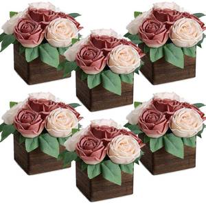 lot 11562 image: DIYDOFUN Dining Table Centerpiece Set of 6 - Pre-Made Aritifial Rose with Wooden Vase Fake Floral Arrangment Faux Flower for Wedding Bridal Tea Party Event Decorations - Dusty Pink & Champagne