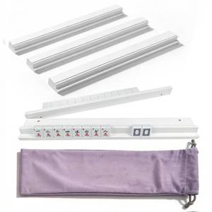 lot 11567 image: ezylgo Wooden Mahjong Racks with Pushers (Set of 4) - White Pine Wood Tile Holders for American Mahjong - 17.3 Inch Magnetic Pusher Arms & Storage Bag - Portable Game Accessories (White)