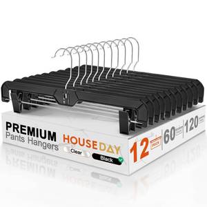lot 11584 image: HOUSE DAY Black Pants Hangers with Clips 12 Pack, Plastic Skirt Hangers for Women, 14 Inch Clip Hanger for Pants, Skirts, Jeans, Shorts, Legging, with 360-degree Swivel Hook, 2 Adjustable Clips