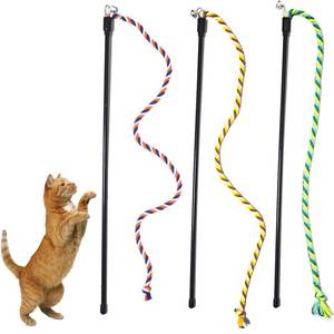lot 12259 image: KABASI 3PCS Cat String Wand Toys, Colorful Interactive Cats Teaser Wand with Bell, Plush Srtip Teaser Toy Cat Rope Stick for Indoor Kitten Having Fun Exerciser Playing