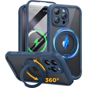 lot 12281 image: Miracase for iPhone 16 Pro Max Case with 360° Magnetic Ring Stand Compatible with Magsafe Full-Body Drop Proof Bumper Phone Case with Built-in 9H Tempered Glass Screen Protector,Blue