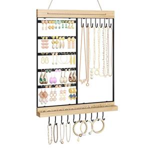 lot 13177 image: Feyejade Hanging Jewelry Organizer, 5-Tier Wall Earring Holder with Wooden Ring Groove, Jewelry Rack Wall Mounted for Earrings, Necklaces, Bracelets and Rings, Jewelry Holder Stand, Black