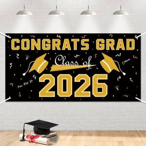 lot 14004 image: 2026 Graduation Decorations - Black Gold Polyester Graduation Backdrop - Graduation Party Decorations - Congrats Grad Banner - Graduation Decorations Class of 2026 2027,Graduation Party Favors Supplies Yard Sign