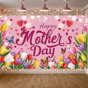 lot 14005 image: Mothers Day Decorations Banner Floral Pink Flowers Happy Mothers Day Backdrop for Party Supplies Photography Background Wall Decor for Women Mom Celebration Large 59x35 Inch Sign