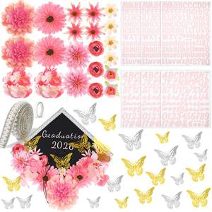 lot 14046 image: Wavwavw 53 Pcs DIY Graduation Cap Decorations Kit, 2026 Grad Cap Topper Include Faux Flowers 3D Butterfly Self Adhesive Pearl Stickers Glitter Alphabet Letter Decals for Party Decor(PinkGreen Combo Pack)
