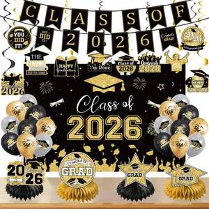 lot 14056 image: Black & Gold Graduation Decorations Set Graduation Banner Class of 2026 Backdrop with Grad Honeycomb Centerpieces for Tables, Hanging Swirls, 18Pc Grad Balloon for High School College Party Decor