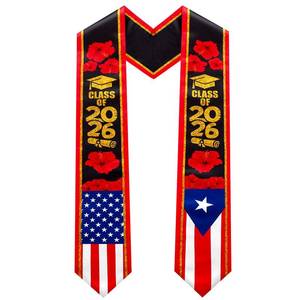 lot 14477 image: Jamntower Puerto Rico Graduation Stole Sash American Flag Mixed Stole Class of 2026 Grade Sash for International Student(Puerto Rico, America,Black,Red,Gold)