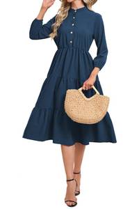 lot 14480 image: RuoRayVan Womens Fall Button Down Casual Tiered Senior 34 Sleeve Elastic A-Line Ankle Length Flowy Dresses 2025 Fashion Guest Weeding Formal Swing Dress with Pockets Large 056 Navy Blue L