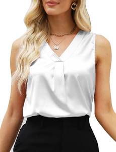 lot 14482 image: Womens Camisole Tops, Casual White Satin Blouses Summer V Neck Sleeveless Silk Cami Top, Small