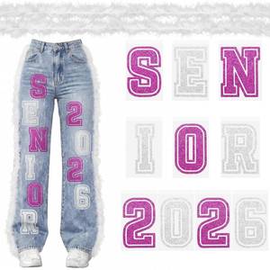 lot 14483 image: Zeyune 12 Pcs 2026 Senior Letters Iron-on Decals Set Neon Pink Iron on Patches White Feather Strip for High School College Graduates DIY Jeans, Pants Senior Stuff Graduation Party Decor