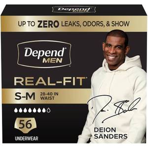 lot 17385 image: Depend Real Fit Adult Diapers, Incontinence Underwear for Men, Disposable, Maximum Absorbency, SmallMedium, Grey, 56 Count (2 Packs of 28), Packaging May Vary