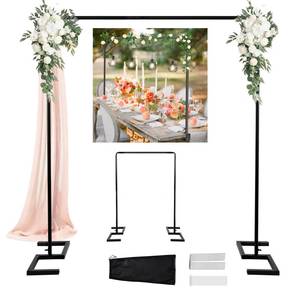 lot 17387 image: Balloon Arch Stand, 8.2FT Square Wedding Arch Frame, Metal Black Heavy Duty Backdrop Adjustable Stand, Extra 2 Clamps Change Over The Table Rod Stand for Baby Shower Party Decoration, Garden Trellis