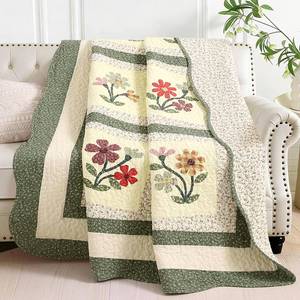 lot 17390 image: vctops 100% Cotton Quilted Throw Blanket 50x60 Inch Floral Embroidered Reversible Patchwork All Season Throw (Green A,50x60)