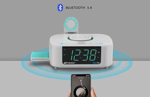 lot 18409 image: Emerson CKSW5010 Smartset Wireless Charging, Dual Alarm FM Clock, Bluetooth RadioSpeaker, 15W for Ultra-Fast Charging, 3W Retractable Port for Air Pods, White