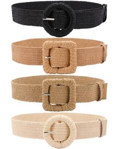 lot 18415 image: WILLBOND 4 Pcs Womens Elastic Raffia Woven Belt, Boho Rattan Buckle Stretch Straw Wide Waist Belt for Dresses Jeans Pants(Tropical Color,Medium)