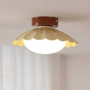 lot 19136 image: MIXL-Milk Yellow Semi Flush Mount Light with Ribbed Lampshade,Dimmable Dome Ceiling Light Fixture,Nordic Style Ceiling Lamp for Living Room Bedroom and Study Room