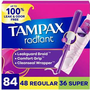 lot 19155 image: Tampax Radiant Tampons for Women Multipack, with LeakGuard Braid, RegularSuper Absorbency, Unscented, 84 Count (3 Packs of 28), Packaging May Vary