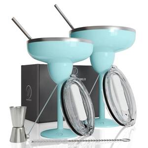 lot 19160 image: vaanshie Vacuum Sealed Margarita Glass with Lid Break-Resistant Stainless Steel Margarita Tumbler for Cocktails & Cold Drinks  Perfect for Mothers Day Gifting (Blue, Pack of 2) (Both Bent, Cosmetic Damage, 1 Lid Missing)