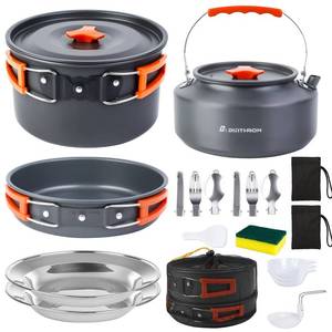 lot 19161 image: DINITHRON 18-Piece Camping Cookware Set, Lightweight Camping Pots And Pans Set with Large 2.8L Pot Stainless Steel Cups Plates Forks Knives Spoons Kettle, Utensils for camp cook,Backpacking, RV&Picnic