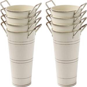 lot 19175 image: Cptoion 8 Pack Galvanized Metal Vases for Flowers, 9 Inch Flower Bucket with Handles, French Bucket for Home Decor Table Weddings Centerpiece Decorations, Beige