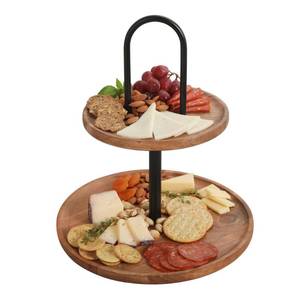lot 19178 image: Gibson Home Gracious Dining 2-Tier Round Acacia Wood Serving Tray �� Rustic Charcuterie Board Stand with Black Iron Handle �� Tiered Party Platter, Dessert Display or Lazy Susan for Entertaining