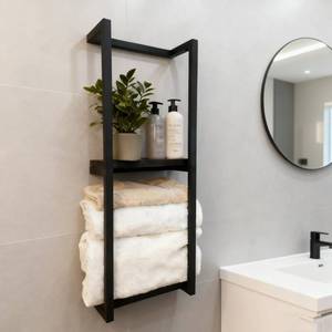 lot 19182 image: Lengfkus Modern Towel Rack for Rolled Towels,Towel Rack for Bathroom,Wall Mounted Bathroom Organizer Storage,Metal Towel Holders with Wooden Shelf,11 L x 5.5 W x 30 H,Black