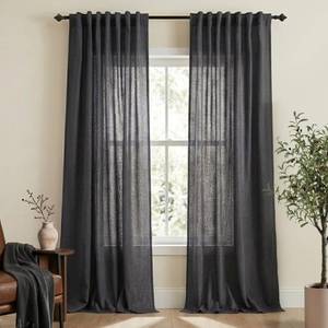 lot 19185 image: Charcoal Grey Flax Linen Curtains 96 inch Length 2 Panels, Back Tab Thick 8FT Dark Gray Semi Sheer Curtain Drapes Privacy with Light Filtering for BedroomLiving RoomSliding Glass Door, W52 x L96