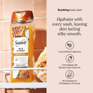 lot 19201 image: Suave Moisturizing Body Wash, with Milk & Honey and Vitamin E Extract, No Parabens, No Phtahaltes, 18 Oz Pack of 3