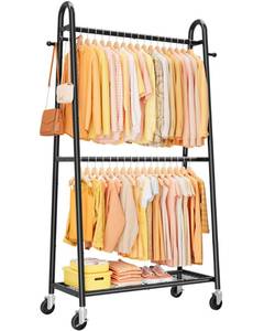 lot 19226 image: Sakugi Heavy Duty Clothes Rack, Metal Clothing Rack with Double Hanging Rods, 4 Hooks & Mesh Shelf, Freestanding Garment Rack with Triangular Design for Bedroom Closet, 36.5 x 16.9 x 72.8, Black