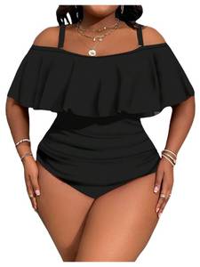 lot 20009 image: WDIRARA Womens Plus Size One Piece Swimsuit Color Block Ruffle Cold Shoulder Swimwear Black X-Large Plus