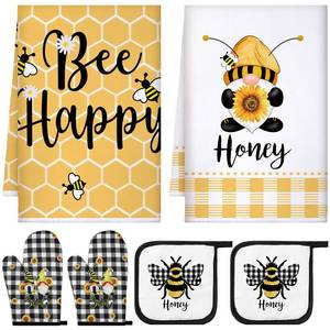 lot 20013 image: Bencailor 6 Pcs Bee Kitchen Decor and Accessories Set Yellow Honey Gnome Kitchen Towels Happy Farmhouse Oven Mitts and Oven Holders for Spring Summer Baking Cooking(Black and Yellow,Sunflower Bee)