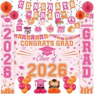 lot 20017 image: Frienda 40 Pcs Graduation Decorations 2026 Pink and Orange Graduation Decor Set Class of 2026 Backdrop, Flag Banner, Paper Fans Porch Banner, Congrats Grad Hanging Swirl, Balloons for Grad Party Decor (Open Box, May Be Missing Pieces)