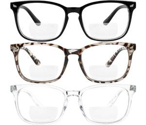lot 20025 image: Yogo Vision Bifocal Reading Glasses for Women Men Rectangle Multifocal Readers Fashion Nerd Eyeglasses 3 Pack Black, Clear, Grey Havana 2