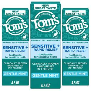 lot 20038 image: Toms of Maine Rapid Relief Plus Sensitive Teeth Toothpaste, Fluoride Free, Gentle Mint, 4.5 Oz, 3 Pack, Clinically Proven Enamel Safe, Builds Arginine and Calcium Shield Around Teeth