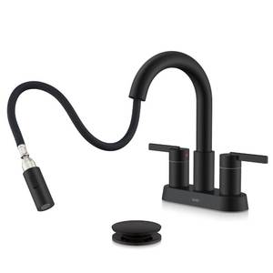 lot 1146 image: KENES Matte Black Centerset Bathroom Faucet with Pull Out Sprayer, 4 Inch 2 Handle Pull Down Bathroom Faucet 3 Hole, Bathroom Sink Faucet with Pop Up Drain and Supply Lines LJ-9069-2