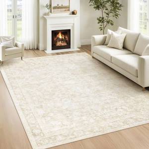 lot 1147 image: 5x7 Area Rugs for Living Room Washable Vintage Floral Rug Low Pile Non-Slip Boho Carpet for Bedroom Nursery Dining Room (Beige, 5ftx7ft)