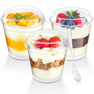 lot 1153 image: Qeirudu 50 Pack 6 oz Mini Dessert Cups with High Lids and Spoons, Small Plastic Cake Cups Round Shooter Cups for Serving Parfait Appetizer Pudding Fruit Ice Creams