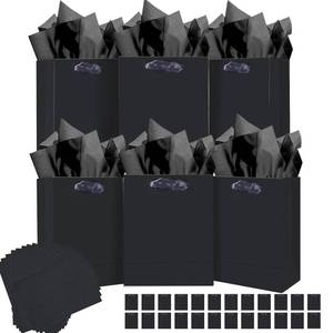 lot 1162 image: qiqee 24pcs Black Gift Bags with Tissue Paper for Wedding, Birthday, Party Supplies-7.9inx4.3inx9.6in Medium Size Cardboard Gift Bags24pcs Bags  Tissue Paper 