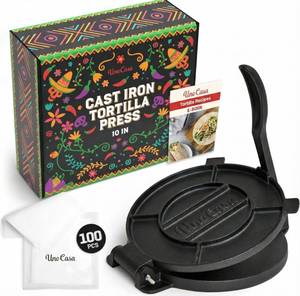 lot 1197 image: Uno Casa Cast Iron Tortilla Press 10 Inch - Tortilla Maker Press, Pre-Seasoned Roti Maker with 100 Pcs Parchment Paper - Heavy Duty Quesadilla Maker for Homemade Flatbreads, Rotis, Empanadas