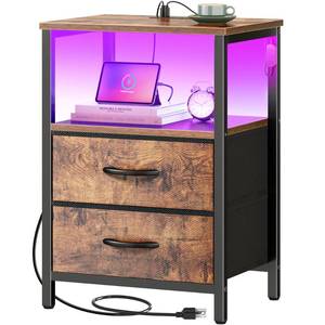lot 1216 image: Huuger Night Stand with Charger Station and LED Lights, 2 Drawer Nightstand, Bed Side Table with Open Shelf, End Table, Fabric Dresser for Bedroom, Rustic Brown