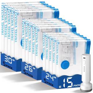 lot 1218 image: 15 Pack Vacuum Storage Bags for Travel with Rechargeable Cordless Pump, Space Saver Bags for Clothes, Compression Packing Bags for Luggage and Suitcase,Blue