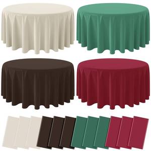 lot 2180 image: Denwiller 12 Pcs Plastic Christmas Tablecloth Round Bulk, Disposable Beige Brown Green and Wine Red Party Tablecloth, Xmas Table Cover for Picnic Birthday Christmas Party Supplies, 84x84 Inch